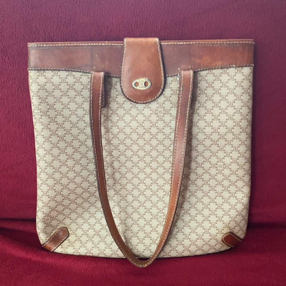 Celine Brown and Cream Patterned Tote Handbag / Purse with Brass Accent - Picture 9 of 10